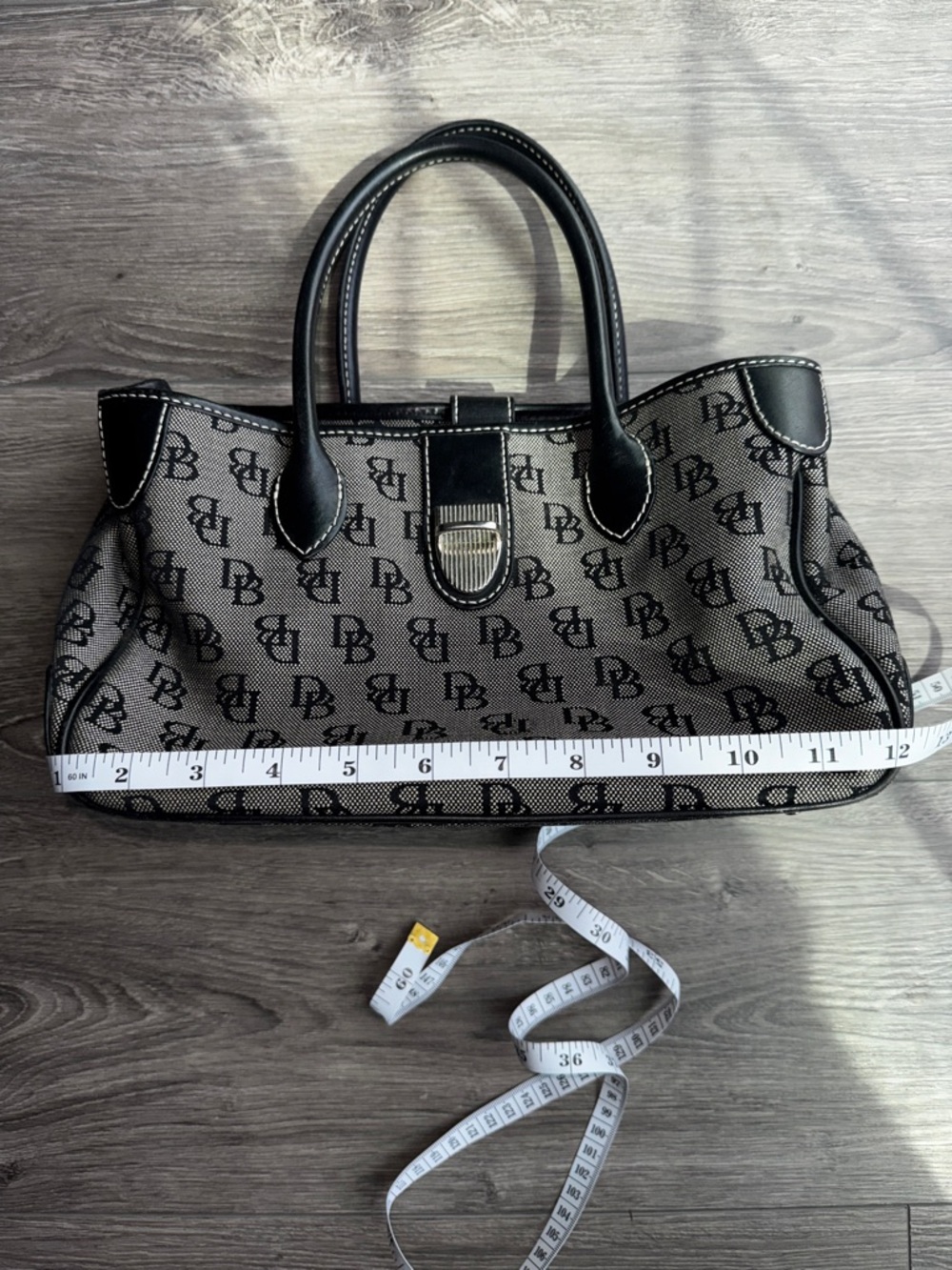 Dooney & Bourke DB Monogram Satchel Black Grey Canvas Leather Trim Shoulder Bag - Picture 10 of 11